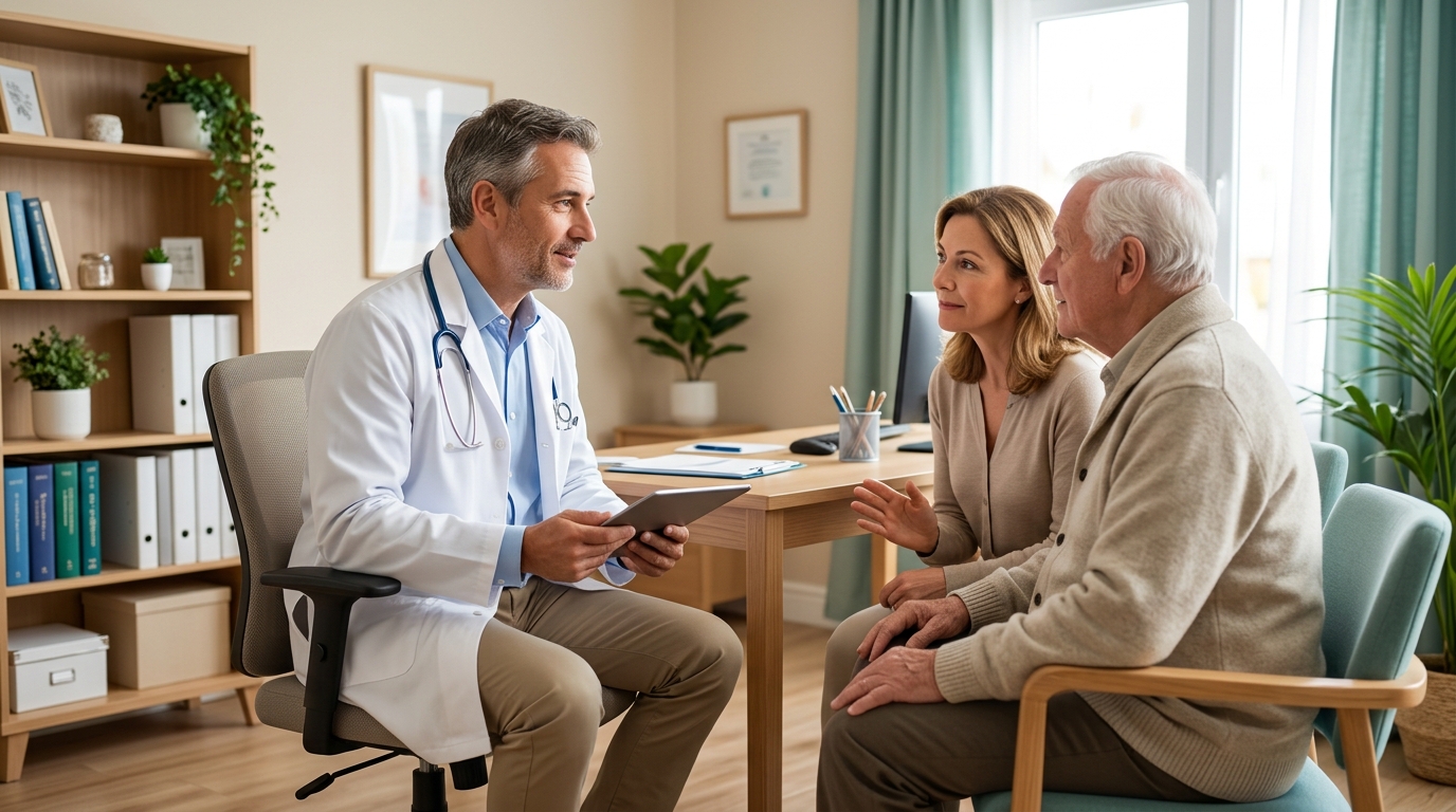 Médico geriatra conversando com paciente idoso antes de uma cirurgia